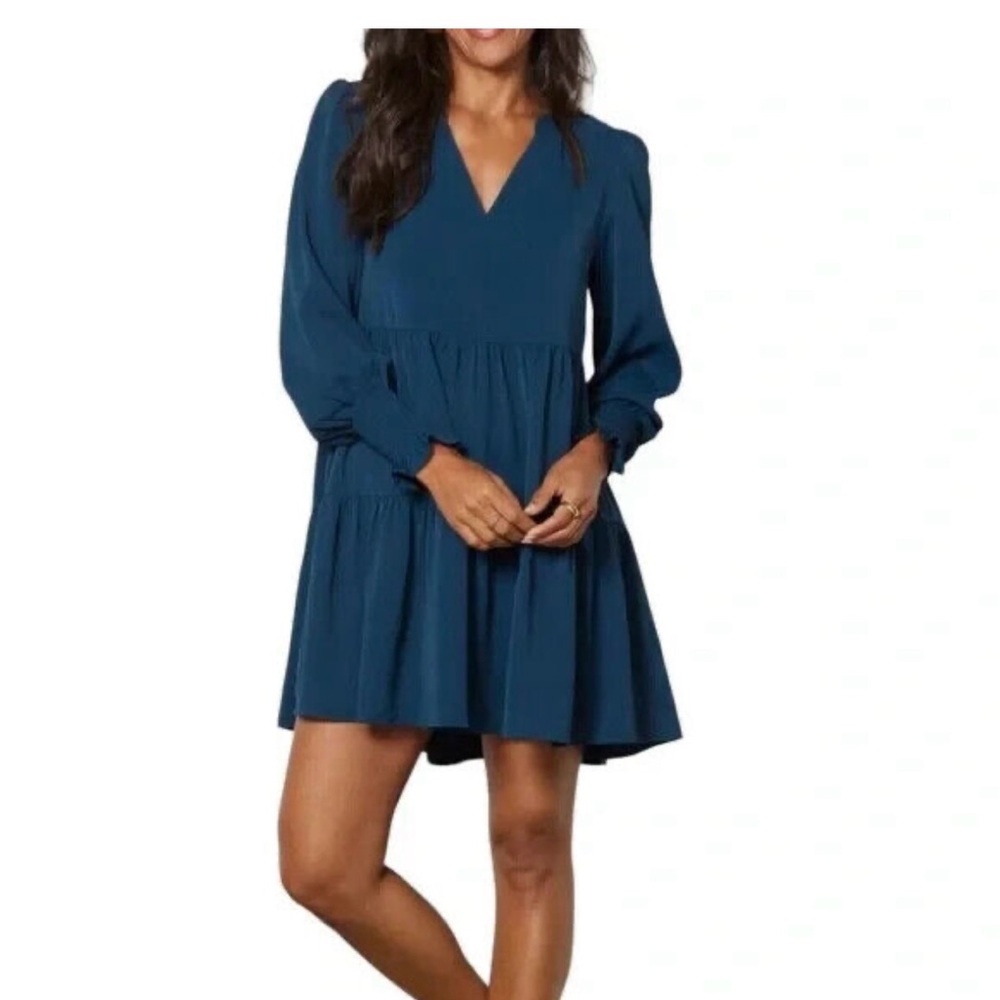 Evereve Teal Blue Ruched Tiered Babydoll Dress